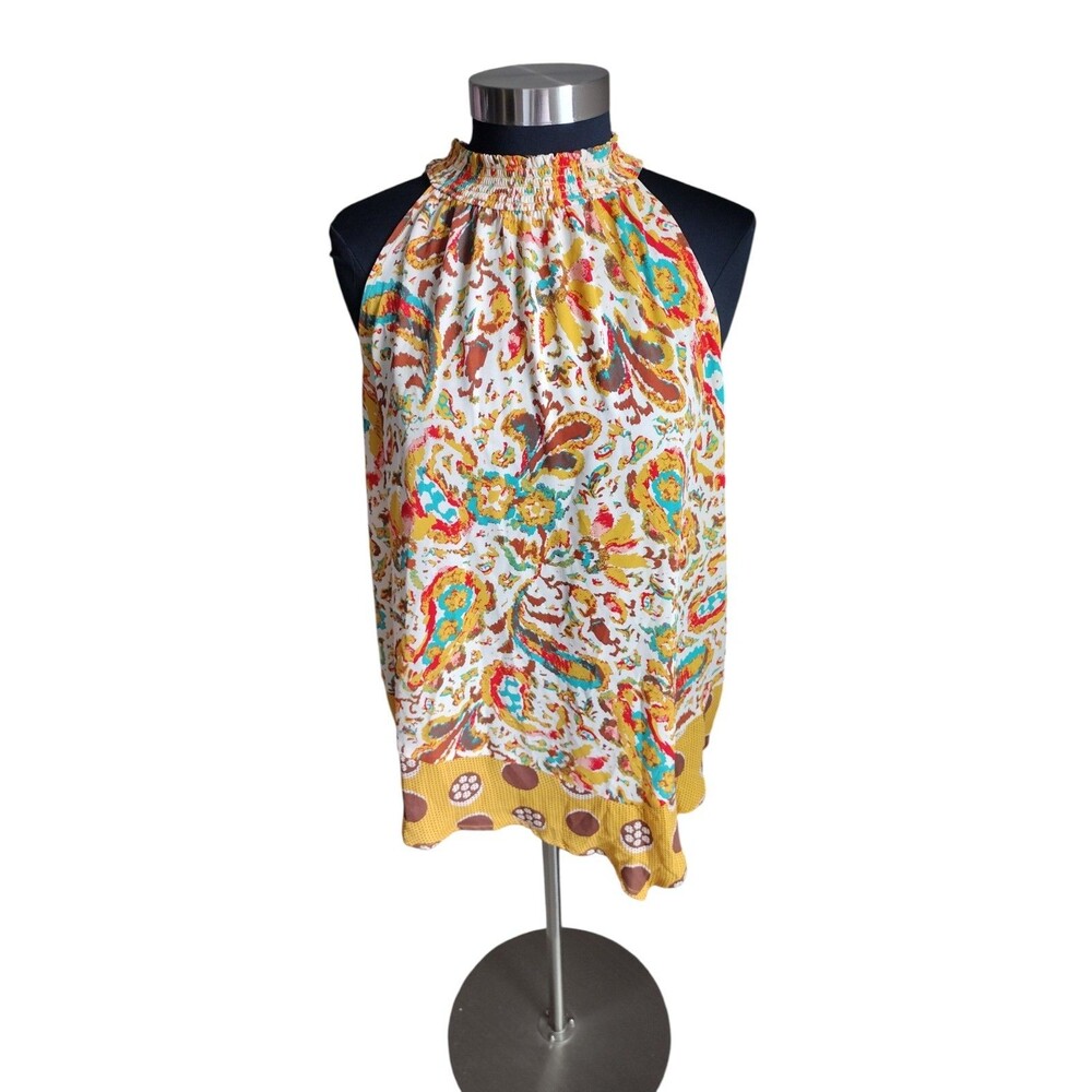Cato Yellow Brown Floral and Paisley Print Smocked-Neck Asymmetric Top Plus 2X